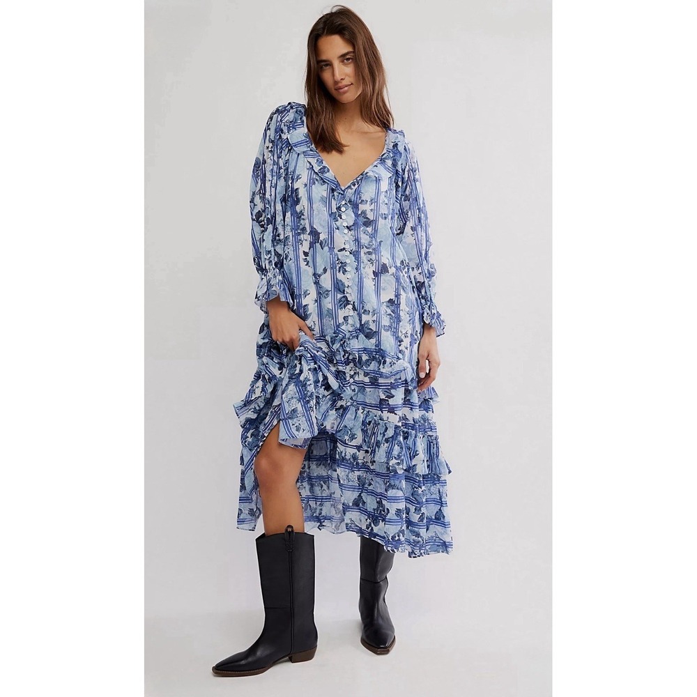 Free People Dainty Ruffle Cottage Garden Wonders Maxi Dress Blue Combo Medium
